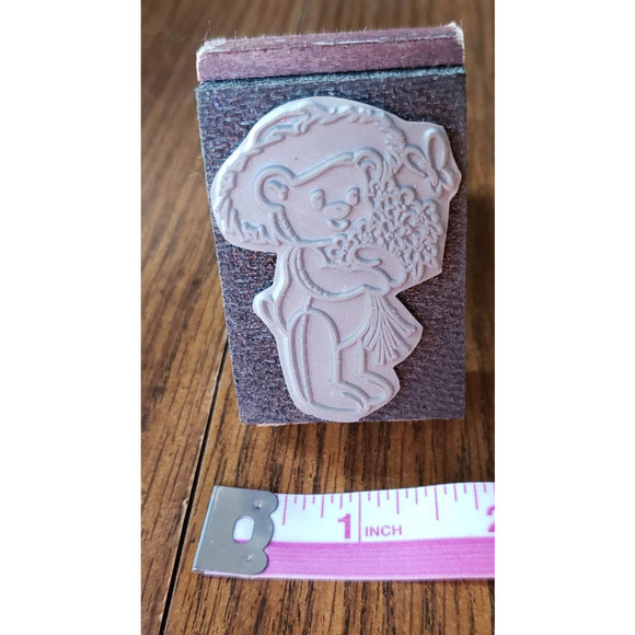 Spring Teddy Bear With Flowers Inky Dinks Black Wood Handled Ink Stamp - Picture 3 of 8